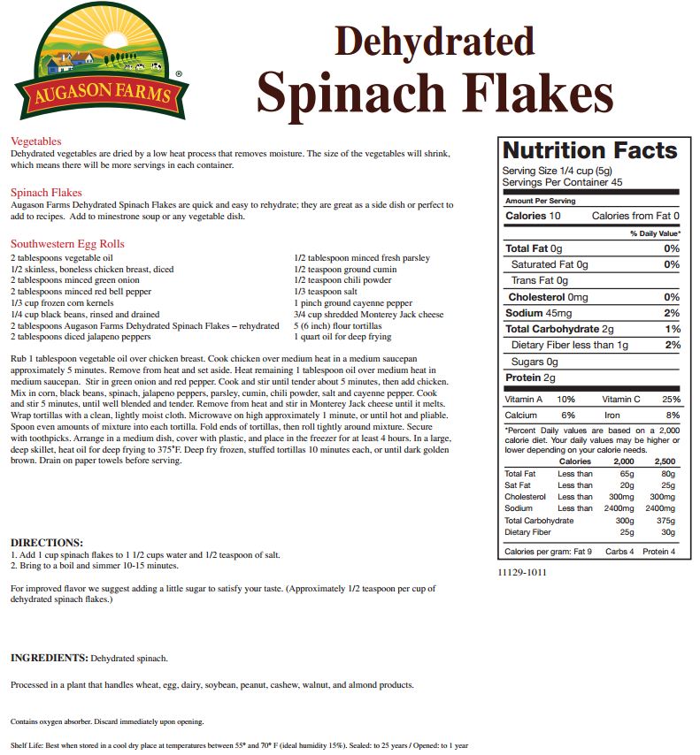 Dehydrated Spinach Flakes in a #10 Can from Augason Farms